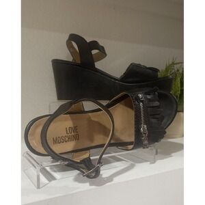 Moschino Love Black Leather Wedges Size 39 Made in Italy 3" Heel / 1.9" Platform